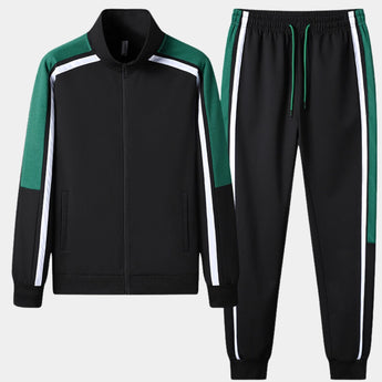 Unisex black turtleneck tracksuit set featuring a long-sleeve top and green stripe joggers, shown in size XXL.