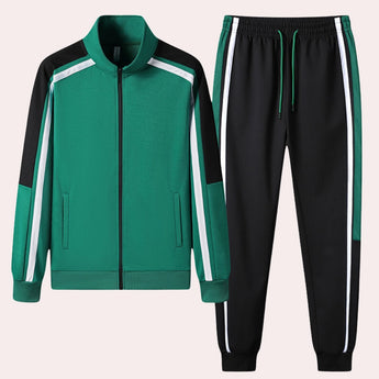 Unisex black turtleneck tracksuit set featuring green stripe joggers, displayed on a clothes hanger.