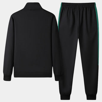Unisex black turtleneck tracksuit set featuring a sleek design with green stripe joggers, showcasing a comfortable and stylish sportswear look.