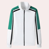 Unisex black turtleneck tracksuit set featuring green stripe joggers, highlighting the long sleeves and high collar design in a sporty style.