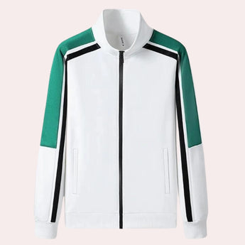 Unisex black turtleneck tracksuit set featuring green stripe joggers, highlighting the long sleeves and high collar design in a sporty style.