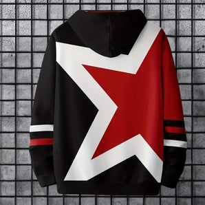 Unisex graphic hoodie featuring a red star design on a black and white urban style background, showcasing long sleeves and a jersey-like texture.