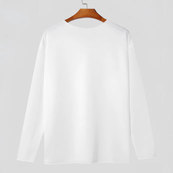 Unisex lightweight long-sleeve crewneck white t-shirt hanging on a clothes hanger.