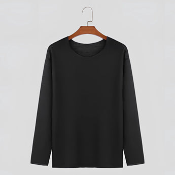 Unisex lightweight long-sleeve crewneck white t-shirt with a simple design, featuring a classic collar and sleeves ideal for casual wear.