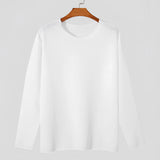 Unisex lightweight long-sleeve white crewneck t-shirt displaying the neckline, sleeves, and collar, suitable for casual or formal wear.