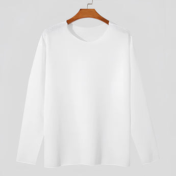 Unisex lightweight long-sleeve white crewneck t-shirt displaying the neckline, sleeves, and collar, suitable for casual or formal wear.