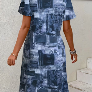 Urban Chic Blue Denim Print A-Line Dress for women, featuring a sleeveless design with a flattering A-line silhouette, suitable for summer fashion.