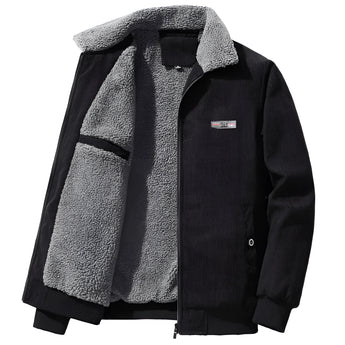 Urban Grey Fleece Collar Men's Bomber Jacket in Black, size 2XL, featuring a cozy woolen texture with a stylish jersey collar, full sleeves, and a casual winter coat design.
