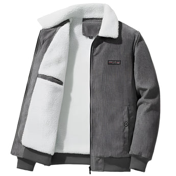 Men's grey fleece collar bomber jacket in size 2XL, featuring a casual design suitable for winter wear. The jacket displays a jersey-like texture with long sleeves and a structured collar, blending elements of sportswear and outerwear style.