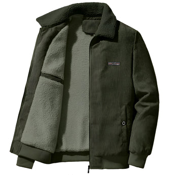 Men's green bomber jacket in size 2XL featuring a grey fleece collar, button closure, and pockets, designed for casual winter wear.