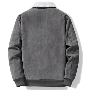 Grey fleece collar men's bomber jacket with long sleeves, featuring a woolen texture and a casual design suitable for winter wear.