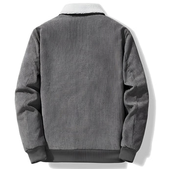 Grey fleece collar men's bomber jacket with long sleeves, featuring a woolen texture and a casual design suitable for winter wear.