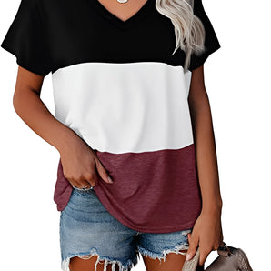 V-Neck Color Block Short Sleeve Casual Summer Tee in Black, White, and Maroon, displayed in XXL size, showing shoulder and arm details.