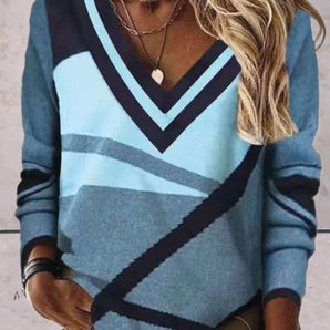 V-Neck Striped Pullover - Women's Fall Fashion Knitwear