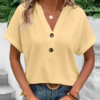 Versatile black V-neck buttoned short sleeve summer blouse shown in yellow, size 3XL, featuring a collar and waist-length fit.