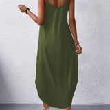 Olive green sleeveless maxi dress with pockets worn by a woman, showing a full-length, casual summer beachwear style in XL size.