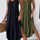 Versatile sleeveless maxi dress with pockets shown on a model, perfect for summer casual beachwear, featuring a relaxed fit, a round neckline, and a flowing skirt.