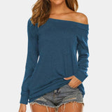 
A dark blue long sleeve women's scoop back top in size XL, showcasing fall fashion style. The top covers the arms and shoulders, with a focus on the elegant neck design. The fabric appears soft and jersey-like, providing a comfortable fit.