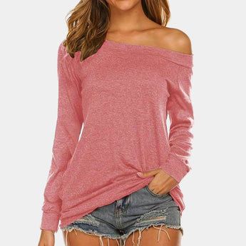 
A black long sleeve top for women featuring a scoop back design, highlighting the shoulder and neck area. The top is styled in a fall fashion with a comfortable jersey fabric and is available in a rose color, size XL.