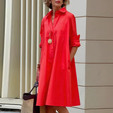 Vibrant asymmetric dress featuring a color block design in fuchsia and orange with a red hue, suitable for plus size 4XL, showcasing a unique fashion design that highlights elements such as the neck, sleeve, waist, and knee-length hem.