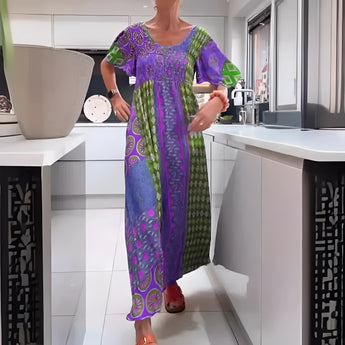 Vibrant purple kaftan dress with an ethnic print, featuring a loose-fitting design with a V-neckline and wide sleeves, styled as a bohemian beach cover-up in a 3XL size.