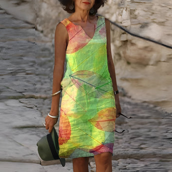Woman wearing a green sleeveless summer dress with a vibrant leaf pattern, showcasing her shoulders and legs.