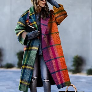 Vibrant multicolor plaid oversized wool coat for women featuring a mix of purple and other colors in a tartan pattern, with long sleeves, a collar, and a loose fit. Ideal for winter fashion, available in size 3XL.