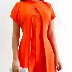 Vibrant orange linen blend cap sleeve summer dress in size 2XL, featuring a fitted waist, round neckline, and comfortable shoulder design.