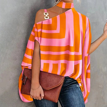 Vibrant pink-orange one-shoulder asymmetric summer blouse with orange and pink stripes, featuring a stylish design with an exposed shoulder and a flattering fit in size 2XL.