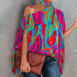 A vibrant pink-orange one-shoulder asymmetric summer blouse displayed against a neutral background, showcasing its unique design with a focus on the shoulder and sleeve area, emphasizing the bold color and stylish cut.