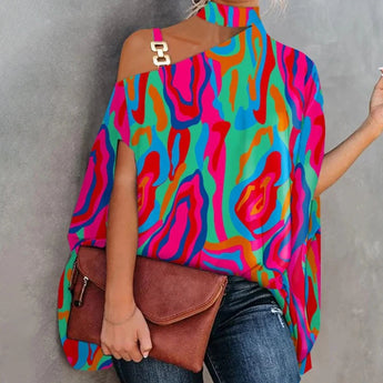 A vibrant pink-orange one-shoulder asymmetric summer blouse displayed against a neutral background, showcasing its unique design with a focus on the shoulder and sleeve area, emphasizing the bold color and stylish cut.