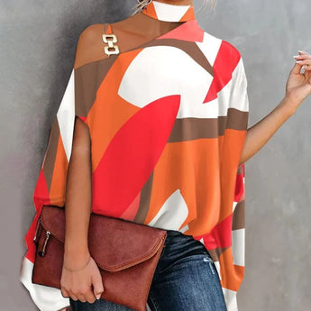 A vibrant pink-orange one-shoulder asymmetric summer blouse featuring a mix of white, orange, and red colors in a size 2XL. The blouse showcases a unique design with a single shoulder strap and an asymmetric hem, perfect for a stylish summer look.
