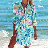 Women's Vibrant Tie-Dye Beach Cover-Up Dress in Tropical Blue, 5XL - featuring a bright azure and aqua tie-dye pattern with short sleeves and a relaxed waist, perfect for summer beachwear.