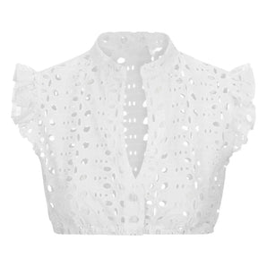 Victorian-style white lace collar blouse with detachable bridal neckpiece, featuring intricate lace patterns, symmetrical design, and long sleeves in size XL.