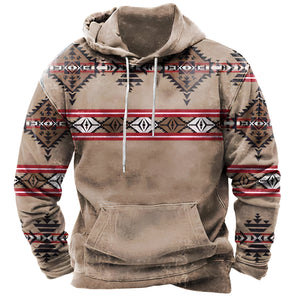 Vintage Aztec Tribal Pattern Hoodie in light brown with a geometric ethnic print, featuring long sleeves, a drawstring hood, and a comfortable, relaxed fit.