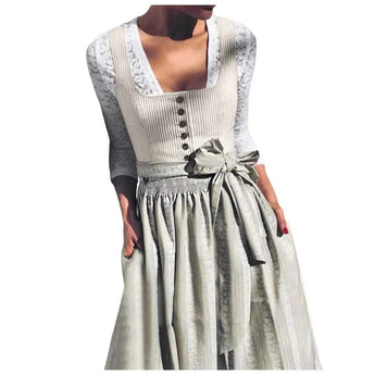 A vintage bohemian spring outfit featuring a lace cardigan, knit top, and pleated floral skirts. The ensemble includes outerwear with sleeves, a grey day dress with a collar, and intricate fashion design elements around the neck and waist.