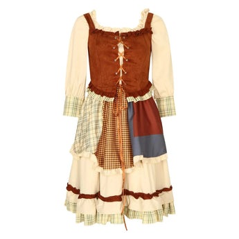 Vintage checkered patchwork ruffle dress in khaki, featuring a lace-up front, layered skirt, and long sleeves, displayed on a clothes hanger.