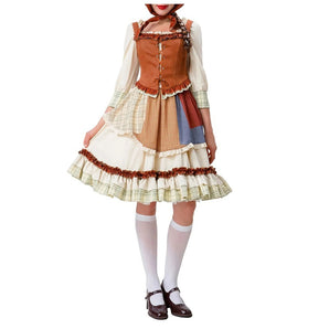 Vintage checkered patchwork ruffle dress featuring a lace-up front, layered skirt, and Victorian-inspired design elements with a high collar and puff sleeves.