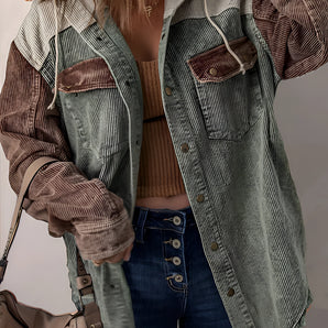 Vintage corduroy two-tone distressed denim jacket for women in green, size XL, featuring a classic design with long sleeves and a comfortable waist fit.