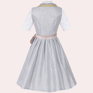 Vintage grey lace dirndl dress with a satin sash and floral pattern, featuring short sleeves and a fitted bodice, suitable as formal wear.