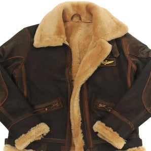Vintage brown leather bomber jacket with fleece lining, designed in a classic WWII aviator style, featuring a sturdy collar and long sleeves.