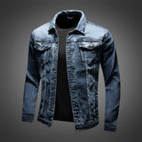 Vintage Men's Dark Wash Distressed Denim Jacket in Blue, Classic Trucker Style, Size 2XL, featuring a collared neck, long sleeves, and button closures.