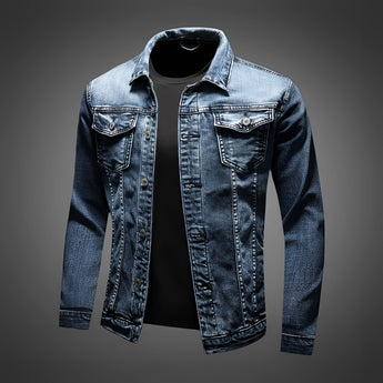 Vintage Men's Dark Wash Distressed Denim Jacket in Blue, Classic Trucker Style, Size 2XL, featuring a collared neck, long sleeves, and button closures.