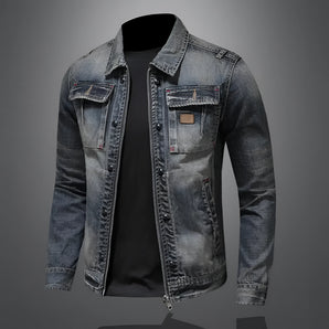 Vintage men's distressed slim fit designer denim jacket featuring a grey color, classic collar, button-down front, long sleeves, and functional pockets.