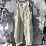 Vintage blue and white striped dungarees in a retro jumpsuit overall style, featuring a sleeveless design with a relaxed fit, typically worn in a casual or fashionable setting.