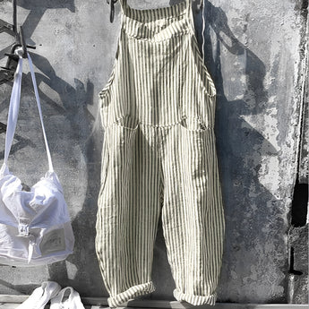 Vintage blue and white striped dungarees in a retro jumpsuit overall style, featuring a sleeveless design with a relaxed fit, typically worn in a casual or fashionable setting.