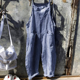 Vintage striped blue and white dungarees in a retro style, featuring a one-piece jumpsuit overall design, made from denim fabric. The garment is in a size 3XL, showcasing a blend of azure and white stripes for a classic and fashionable look.