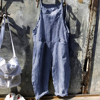 Vintage striped blue and white dungarees in a retro style, featuring a one-piece jumpsuit overall design, made from denim fabric. The garment is in a size 3XL, showcasing a blend of azure and white stripes for a classic and fashionable look.