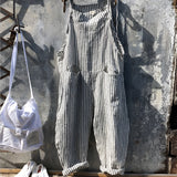 Vintage striped blue and white dungarees in a retro jumpsuit overall style, featuring a gray variant in size 3XL, made from denim with a fashion-forward design.