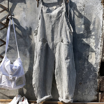 Vintage striped blue and white dungarees in a retro jumpsuit overall style, featuring a gray variant in size 3XL, made from denim with a fashion-forward design.